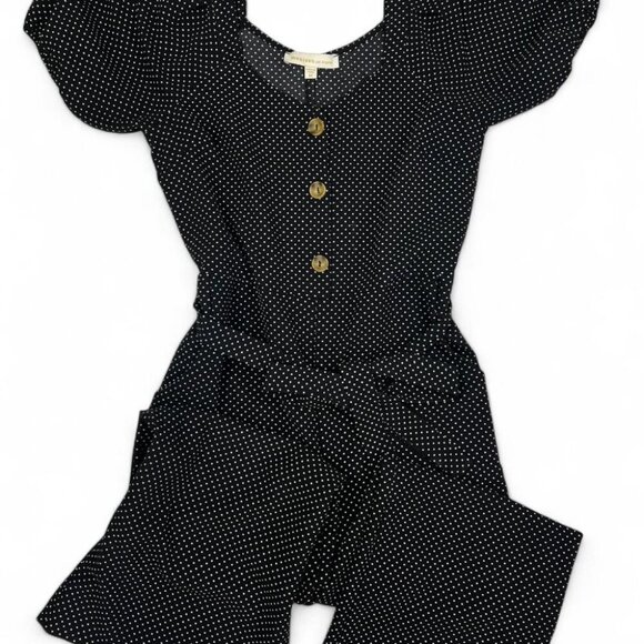 Navy blue and white polka dot romper with button-up front and elastic waistband - Picture 2 of 2